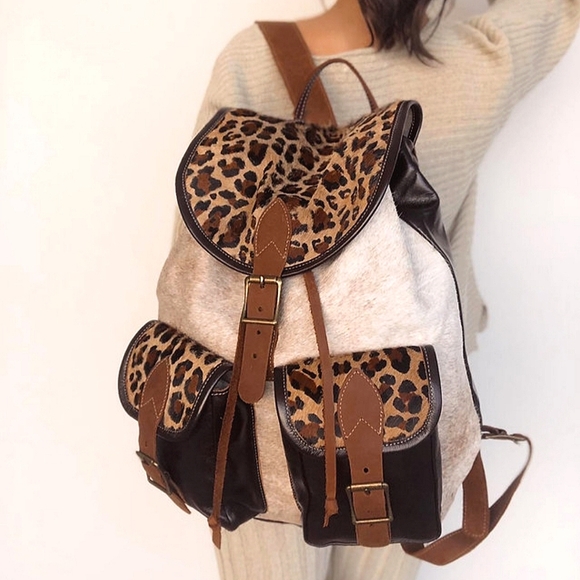 Leather Back Pack Unisex Large Two Tone Animal Print Genuine Cow Hide Fur - Picture 2 of 2